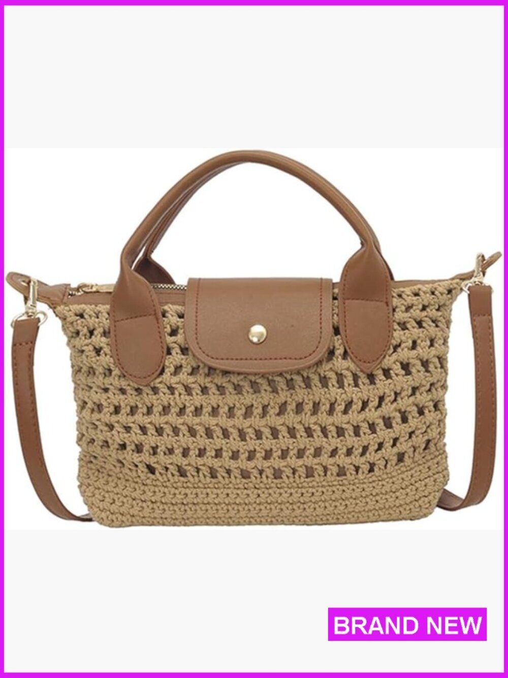 Crochet Crossbody Bag Woven Tote Purse with Leather Handle Summer Beach Bag